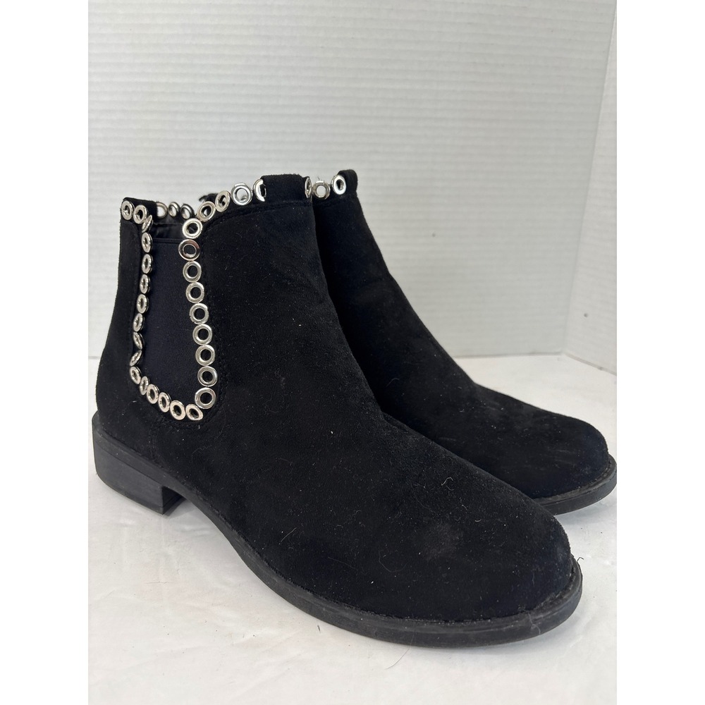 Global Win Womens 8.5 Black Faux Suede Grommet Eyelet Chelsea Ankle Boots